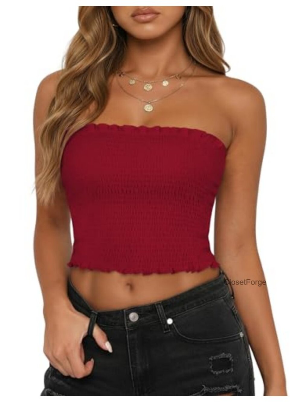Women's Smocked Tube Top Strapless Sleeveless Crop Top Summer Backless Bandeau